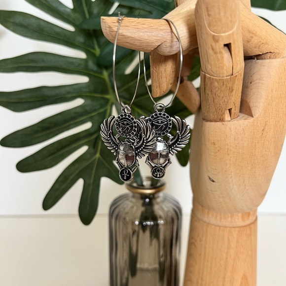 Ancient Egyptian Protection Earrings - Egyptian Wing Scarab Hoop Earrings - Picture 14 of 15